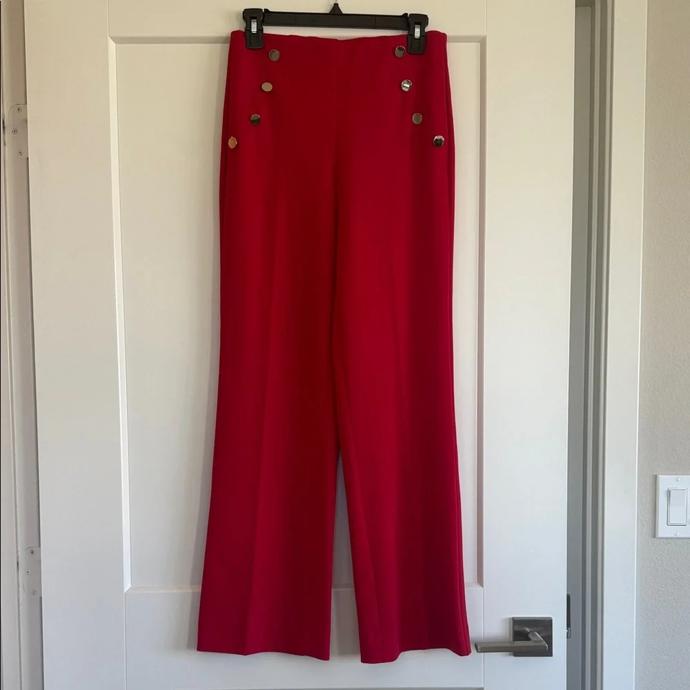 NWOT Express Vibrant Red Wide-Leg Pants with Gold Button Accents (size S)